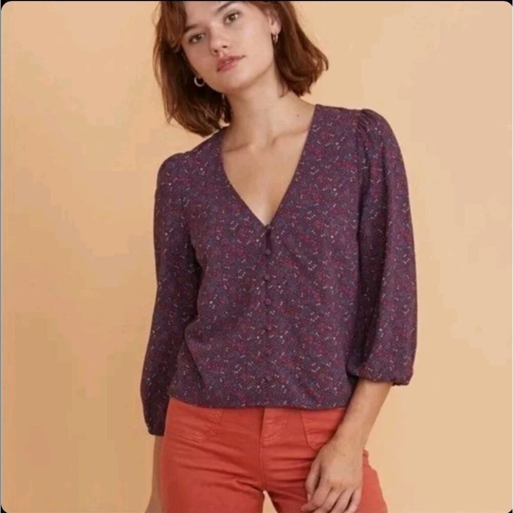 Marine Layer stacy button down cabernet ditsy floral‎ sz medium 3/4 sleeve Vneck